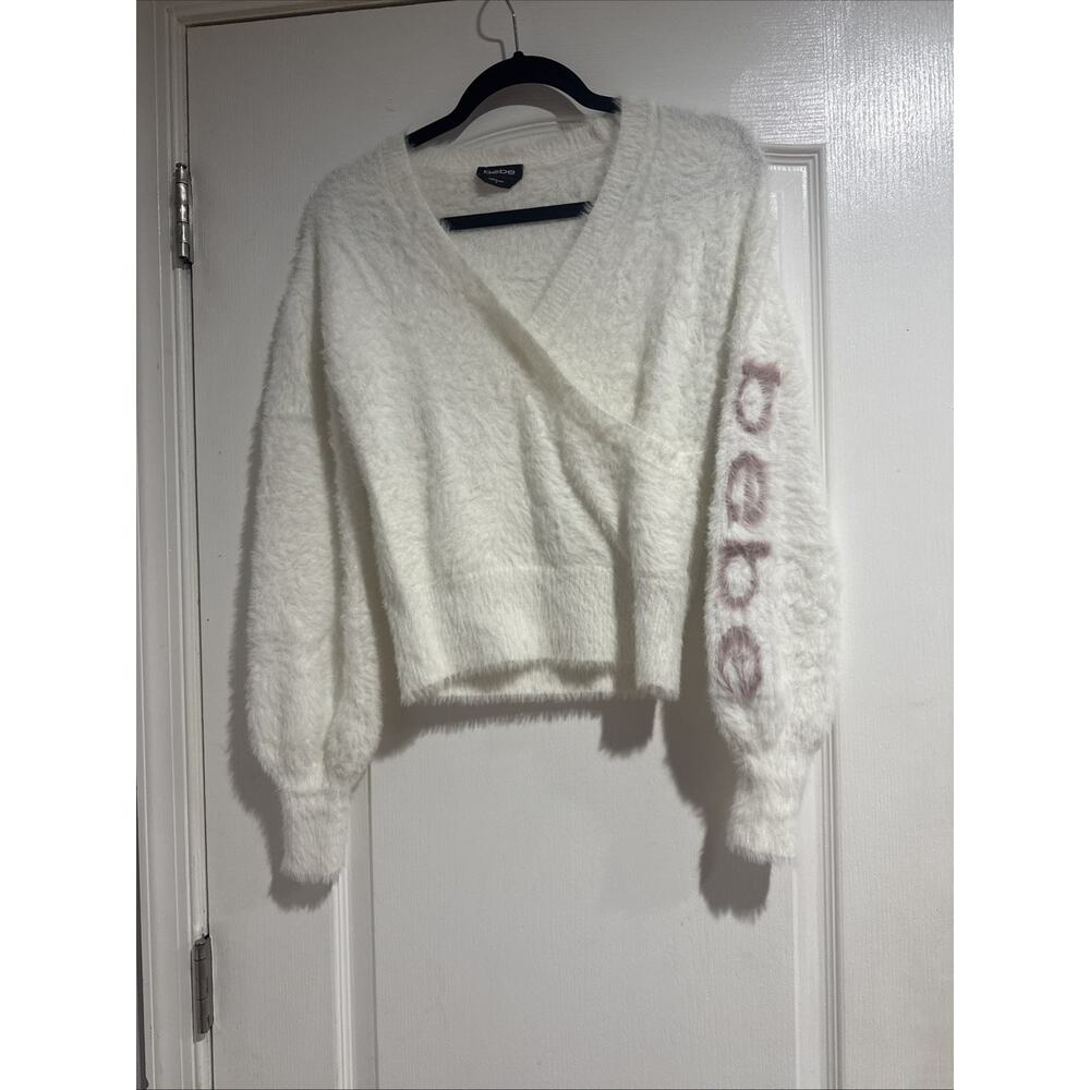 Bebe Fuzzy Cream Wrap V Neck Sweater With Logo Sleeve Size S